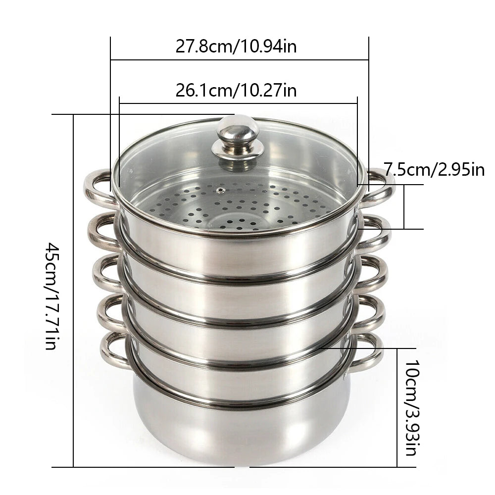 5 Tier 26 / 28 / 30Cm Steam Cooker Steamer Pan Cook Food Veg Pot Stainless Steel