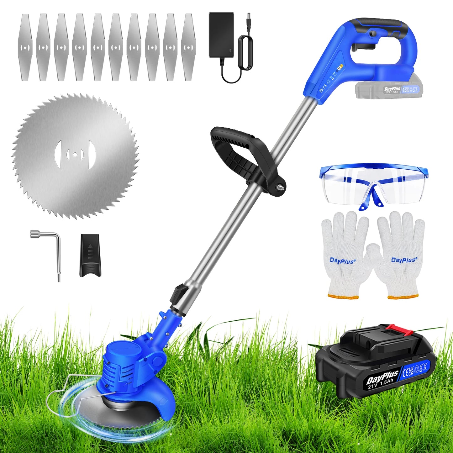 Electric Garden Cordless Strimmer Lawn Kit With Blades, Detachable Grass Trimmer with 21V Li-Ion Batteries & Charger