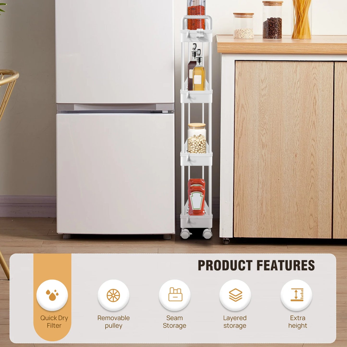 4-Tier Storage Rack Trolley Rolling Utility Cart Mobile Shelving Organiser Slide Out For Kitchen, Bathroom, Bedroom