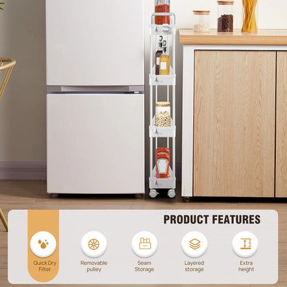 4-Tier Storage Rack Trolley Rolling Utility Cart Mobile Shelving Organiser Slide Out For Kitchen, Bathroom, Bedroom