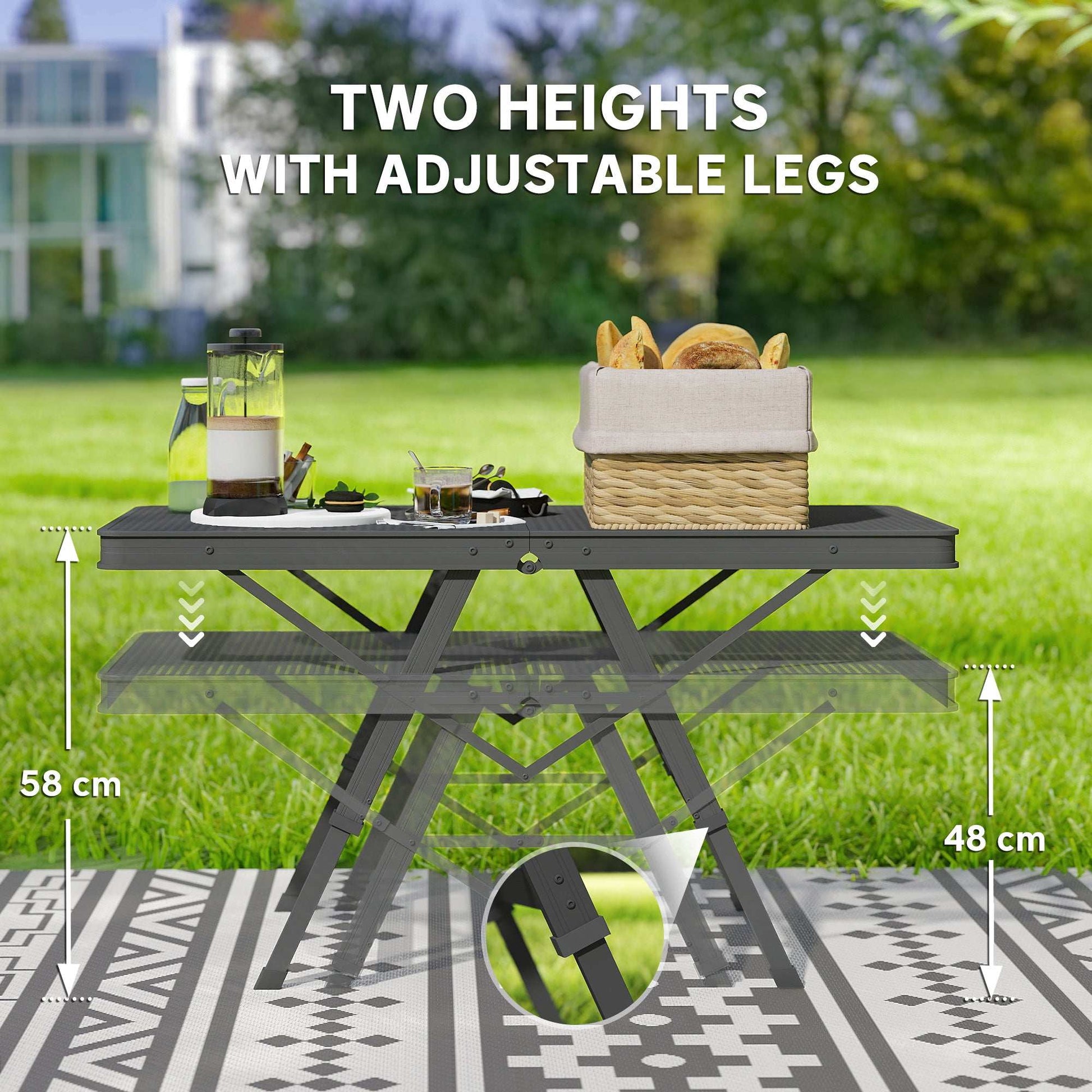 3 ft Folding Camping Table w/ Adjustable Heights, Outdoor Folding Picnic BBQ Table with Metal Mesh Desktop & Aluminium Legs, Lightweight