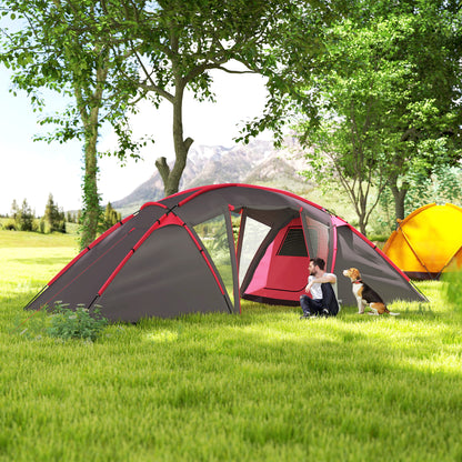 4-6 Man Family Camping Tent w/ 2 Bedrooms and a Living Room, Waterproof Tunnel Tent w/ Sewn In Groundsheet, Doors, Windows, Bag