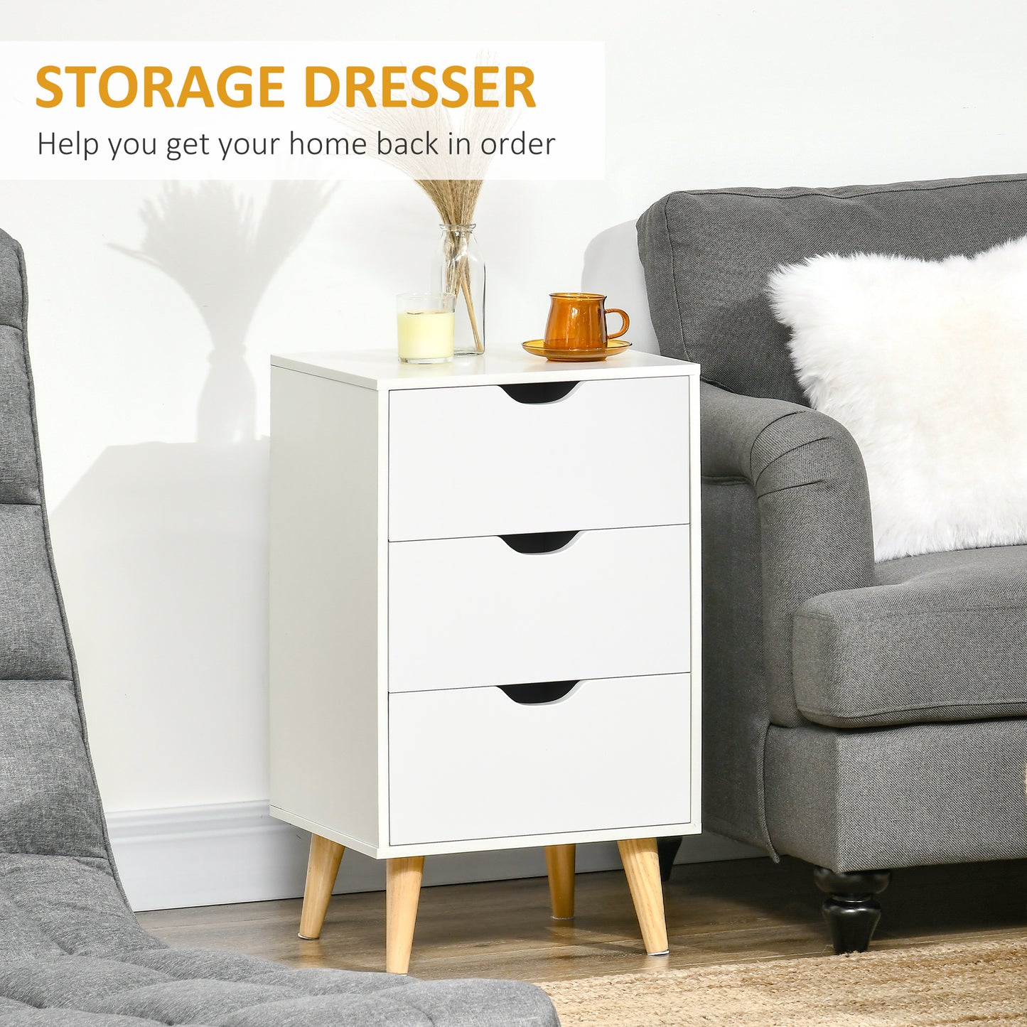 Set of 2 Bedside Tables | 3 Drawer Nightstand | Pine Legs | White
