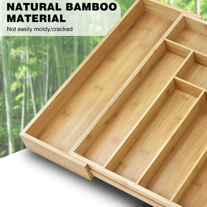 Extendable Bamboo Cutlery Tray Kitchen Drawer Storage Organiser 6-8 Storage Compartments