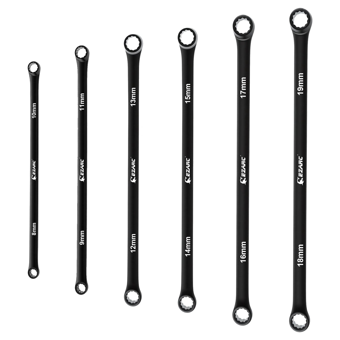 EZARC 6 Pack Extra Long Ratcheting Wrench Spannere Set Metric 8-19 mm Cr-V Steel And Black Electrophoretic Coating