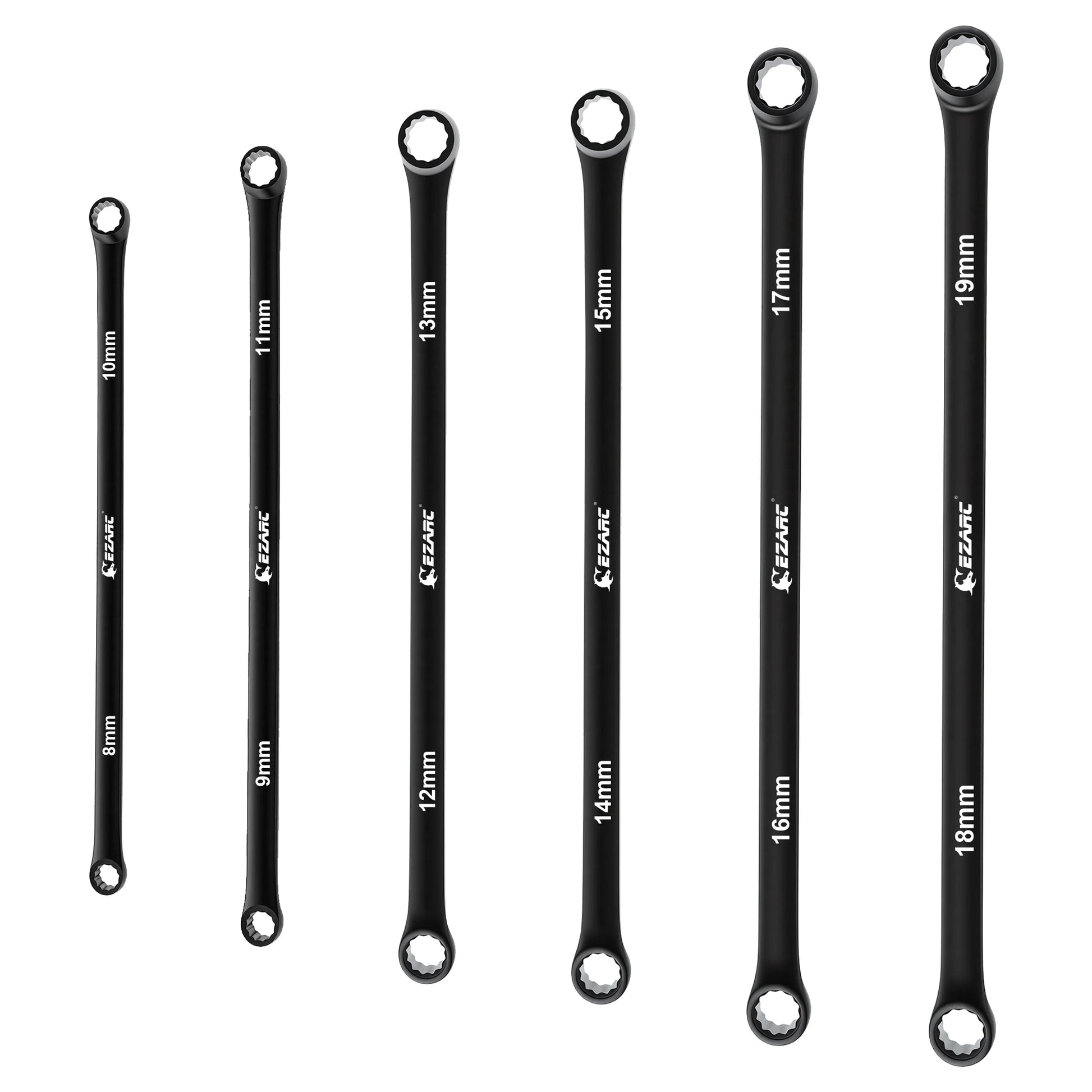 EZARC 6 Pack Extra Long Ratcheting Wrench Spannere Set Metric 8-19 mm Cr-V Steel And Black Electrophoretic Coating