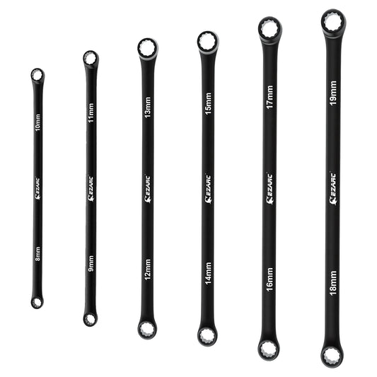 EZARC 6 Pack Extra Long Ratcheting Wrench Spannere Set Metric 8-19 mm Cr-V Steel And Black Electrophoretic Coating