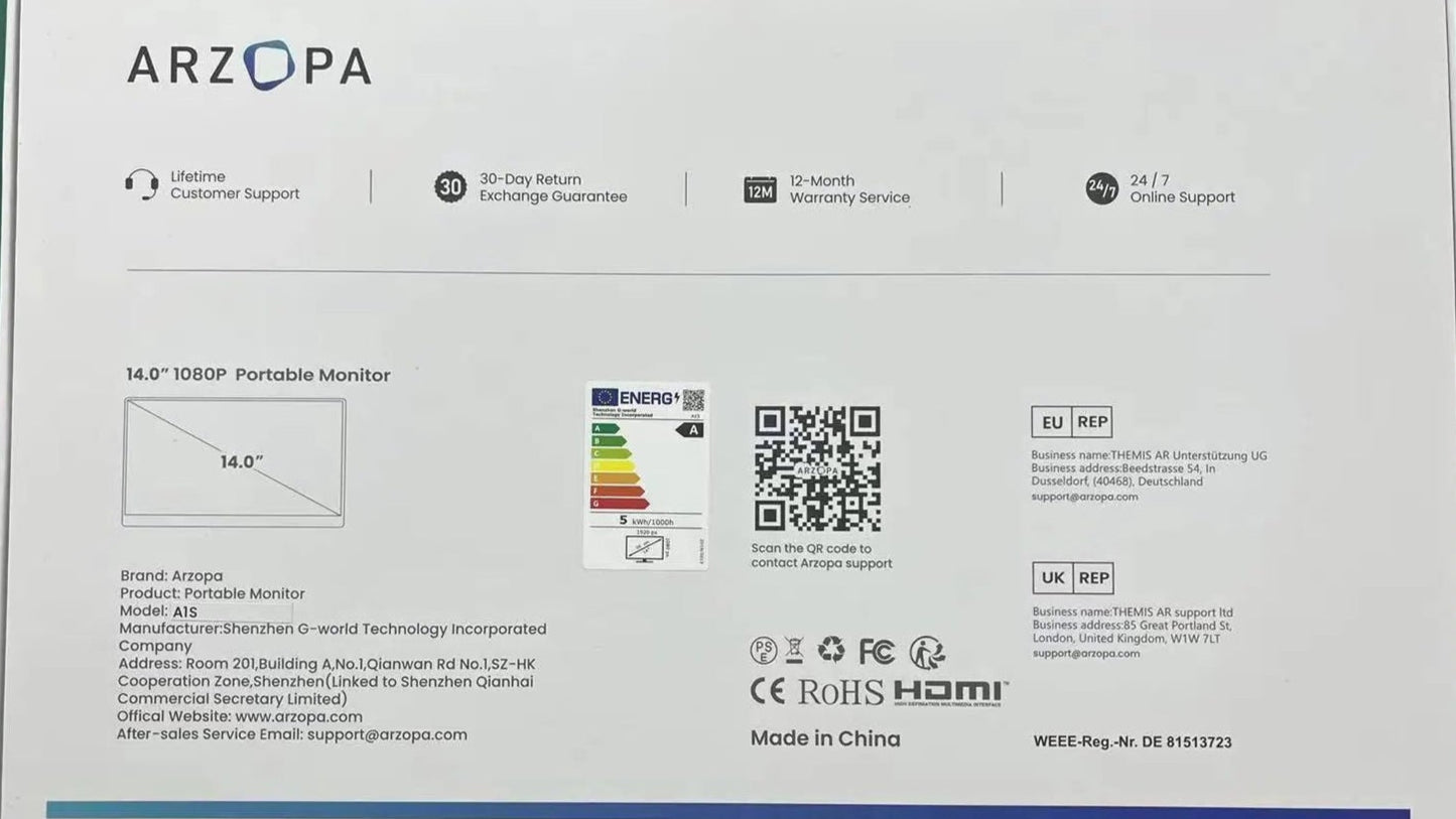 ARZOPA 16.1 inch 100% sRGB 144Hz Portable Monitor Gaming  Laptop Display with Type C Mini HDMI For PS/Steam/Deck/Switch/PC/Mac