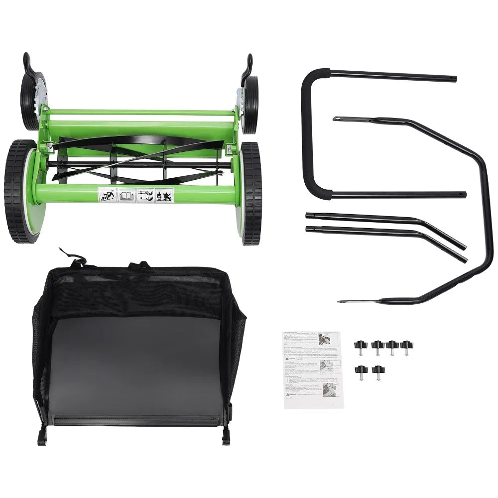 Manual Reel Lawn Mower Adjustable Cutting Handle Height Hand Push Lawnmower Yard Walk behind Removable Grass Steel Blades
