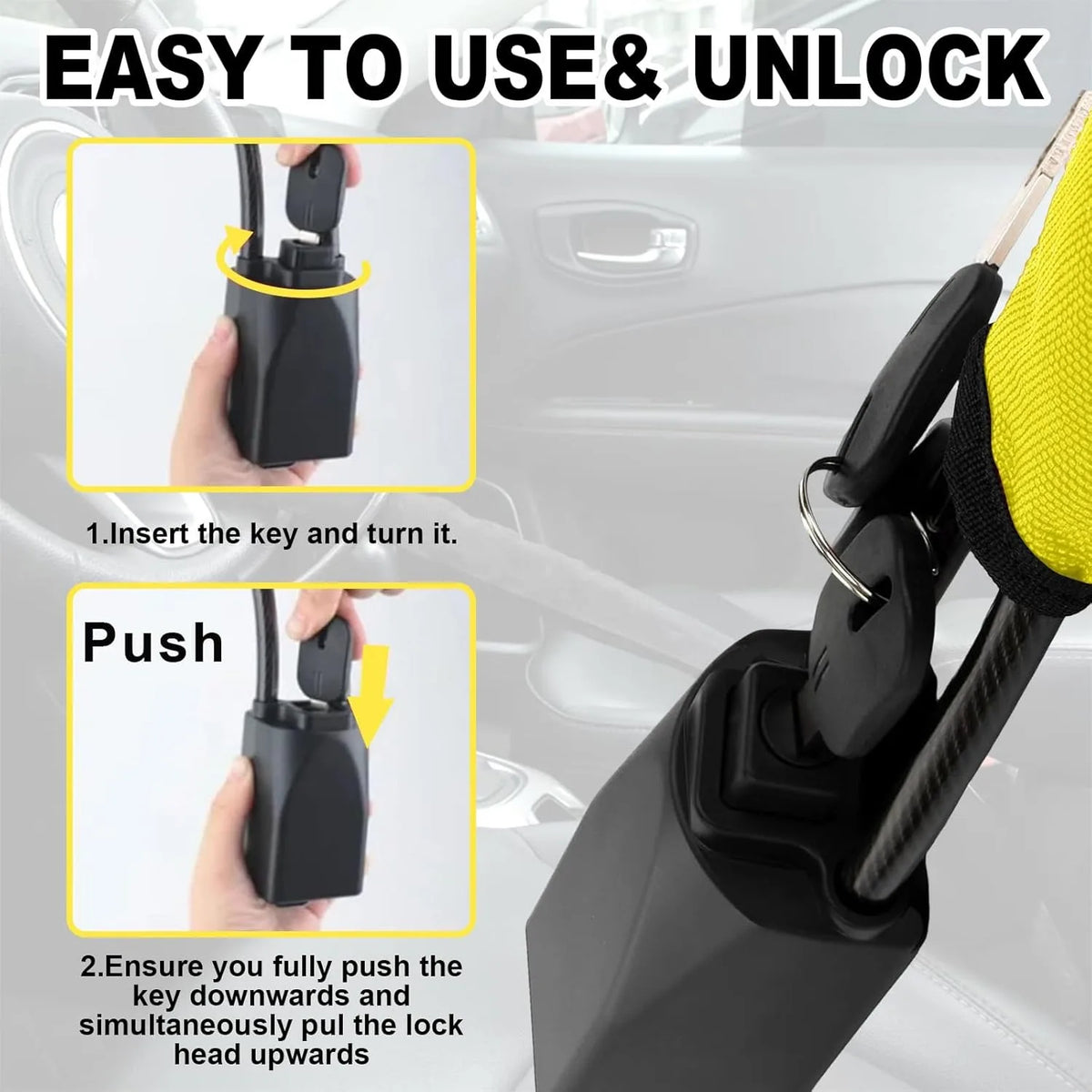 Car Steering Wheel Lock Seat Belt Locks Heavy Duty Universal Anti-Theft Device with 3Keys High Visibility Lock for Vehicle SUV