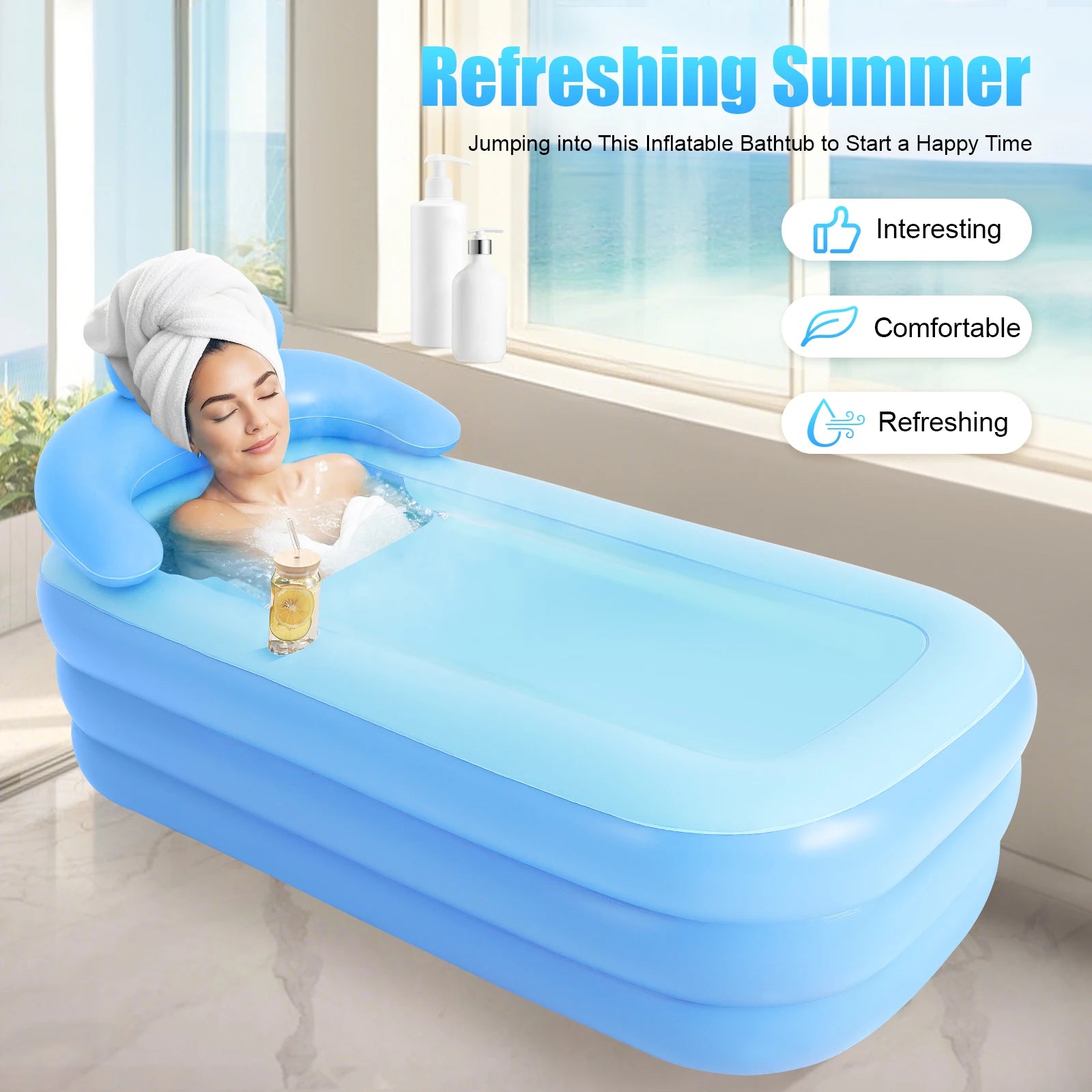 Portable Inflatable Bathtub Foldable Soaking Tub with Ergonomic Backrest Zipper Lid Thickened PVC for Home Apartment Backyard
