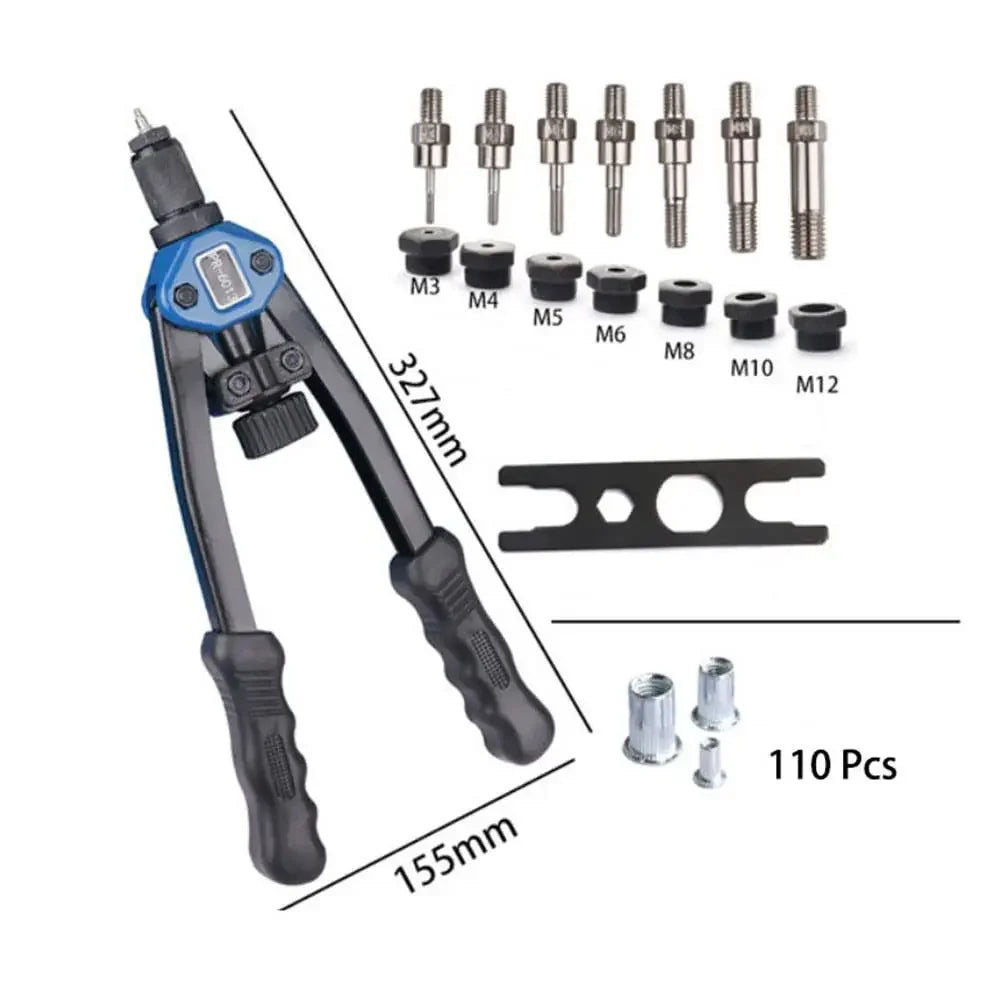 13” Hand Rivet Nut Gun Hand Riveter Rivnut Tool Kit with 7 Pcs Metric Mandrels and 110Pcs Rivet Nuts from M3 to M12