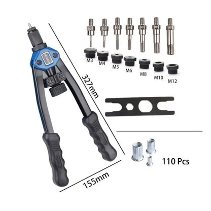 13” Hand Rivet Nut Gun Hand Riveter Rivnut Tool Kit with 7 Pcs Metric Mandrels and 110Pcs Rivet Nuts from M3 to M12