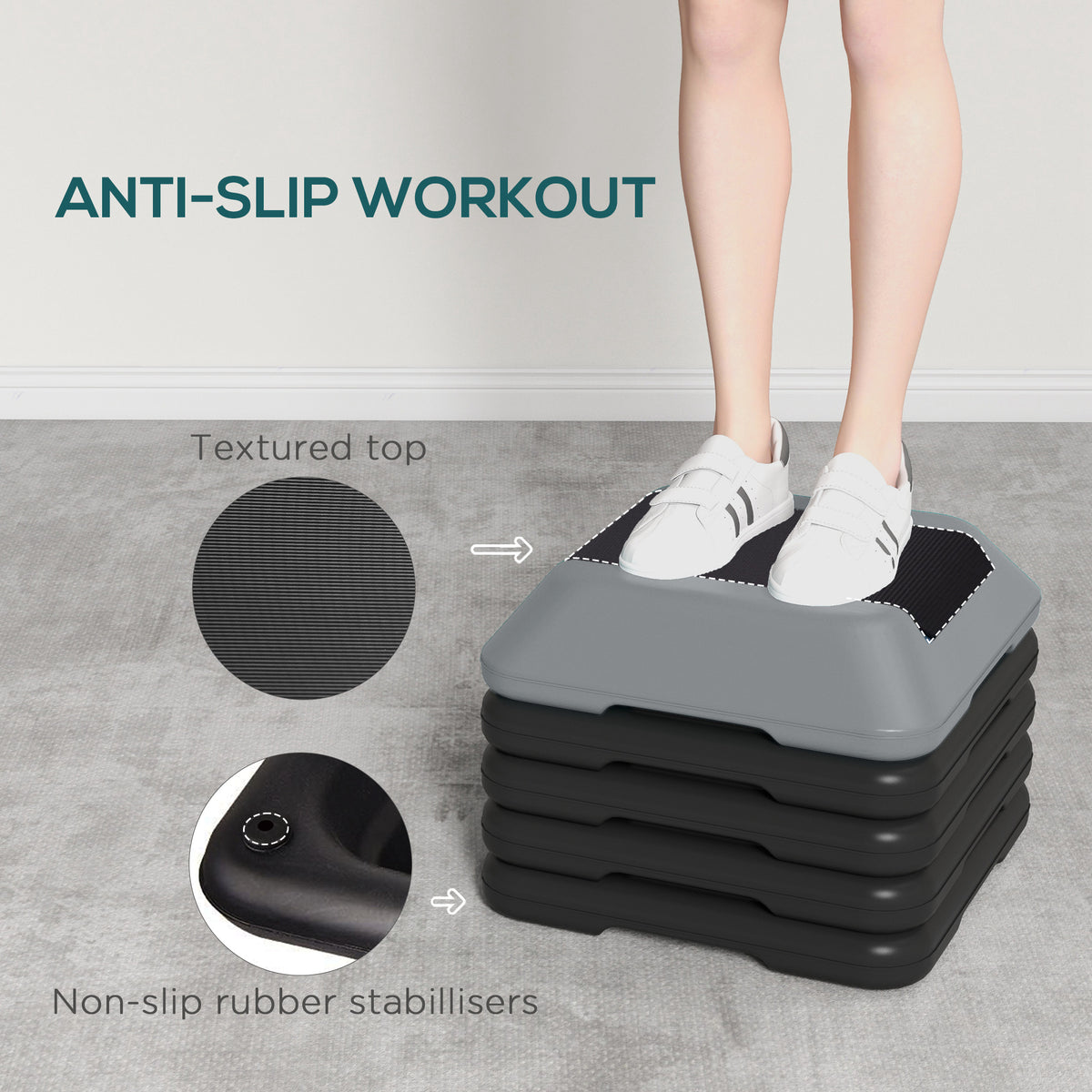5-Level Height Adjustable Aerobic Step Platform | 10 to 30cm | Non-Slip Surface & Base | 40x40cm Platform | 150kg Capacity | PE Construction | Lightweight & Compact | Grey | For Home Gym Cardio Workouts