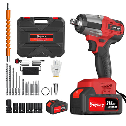 Cordless Electric Impact Drill Wrench 1/2" Brushless Power Impact Gun, 1500N.M with 4 Sockets & 12 Piece Screwdriver Bits