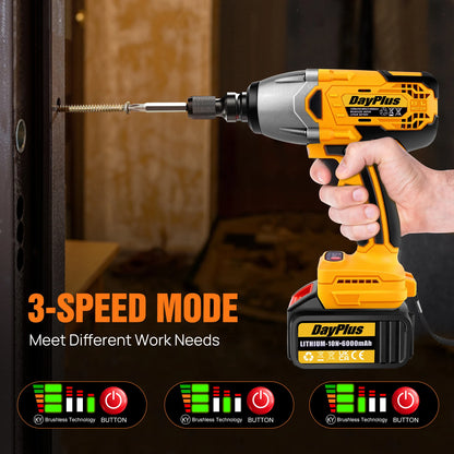 Dayplus 1500Nm Cordless Impact Wrench 3 in 1 Electric Drill Impact Wrench,Brushless Impact Gun 1/2"Driver Car Tyre Wheel, 3 Speed