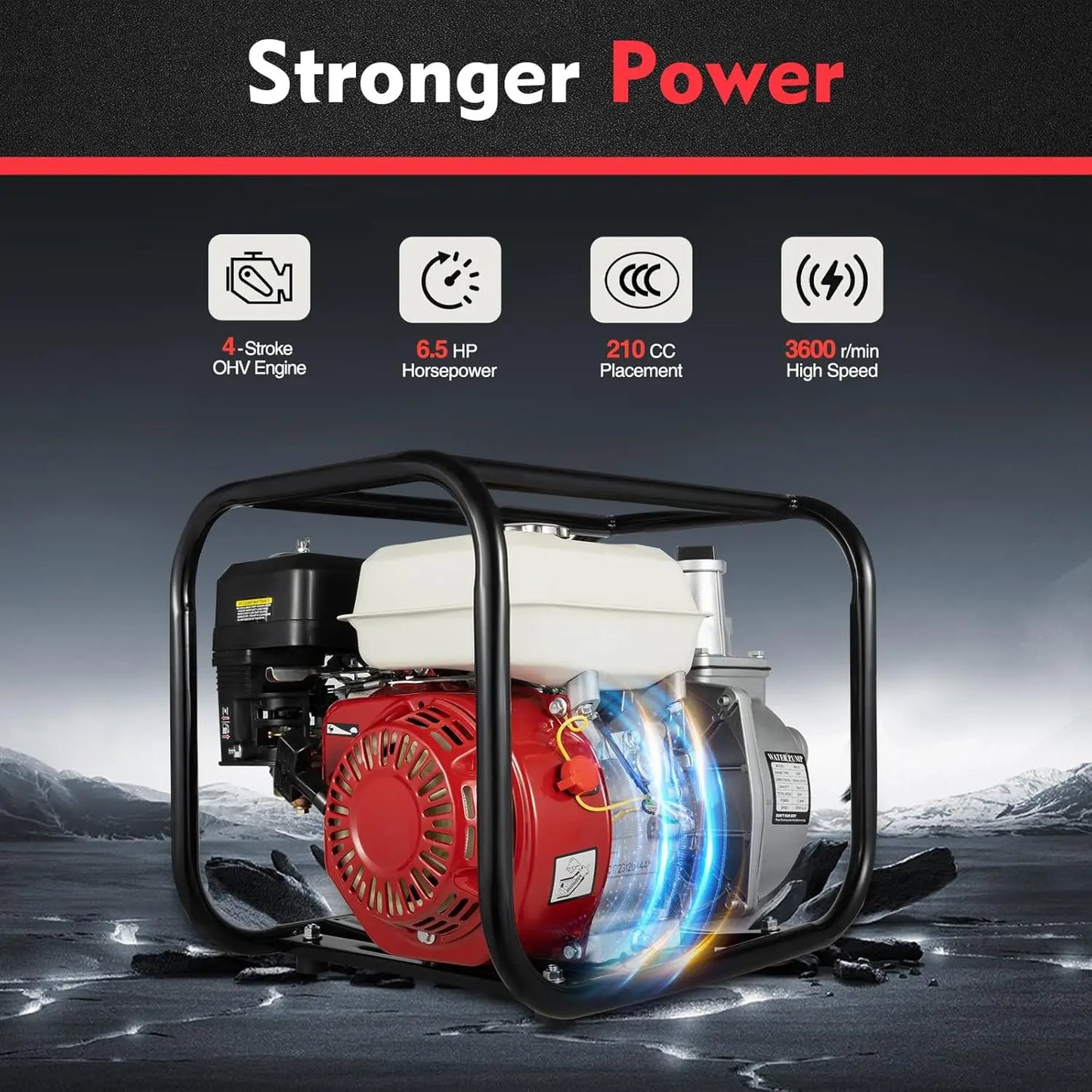6.5HP 2-Inch 4-Stroke Water Pump - 36M³/H High Flow & 92Ft Lift, Efficient, Air-Cooled & Self-Priming 23Ft, Aluminium & Iron Build