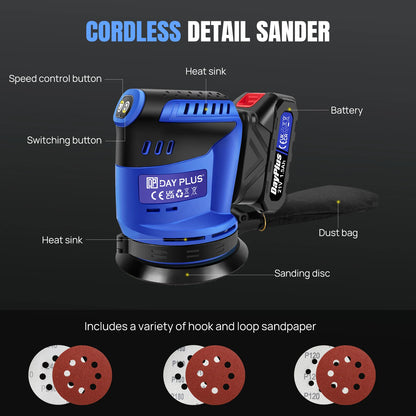 3000W Cordless Random Orbit Sander With 12 Piece Sandpapers, 3 Variable Speed 125mm Hand Electric Tool With Battery