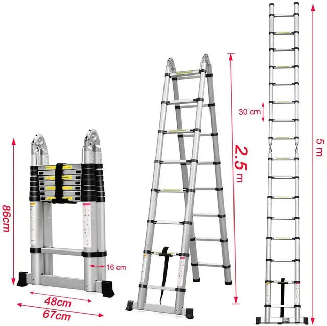 2.6M - 5M Multi Purpose Telescopic Ladder Sturdy Aluminium Telescoping Extension Ladders 330lb Max Load EN131 For Household Outdoor Work