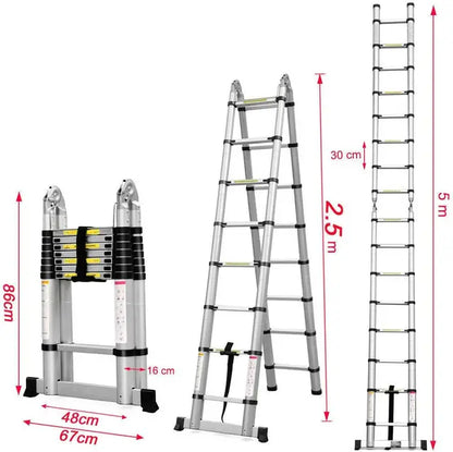 2.6M - 5M Multi Purpose Telescopic Ladder Sturdy Aluminium Telescoping Extension Ladders 330lb Max Load EN131 For Household Outdoor Work