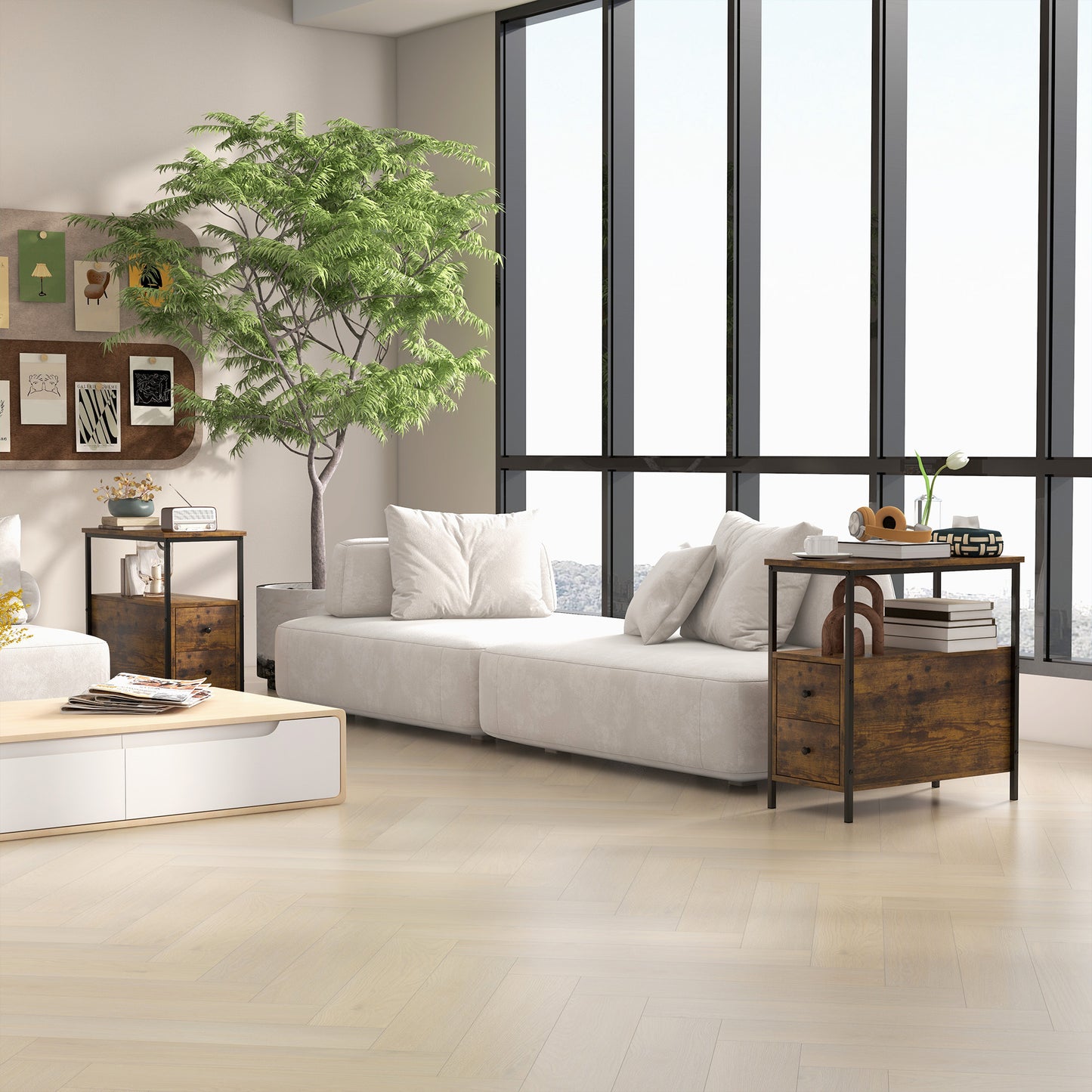 Set of 2 Side Table, Narrow Bedside Table with 2 Drawers and Storage Shelf, Industrial End Table for Small Spaces, Rustic Brown