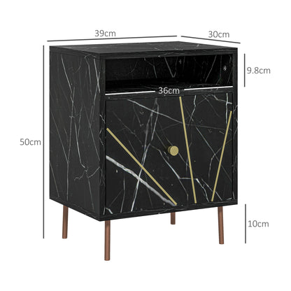 Marble Effect Bedside Table, Modern Side Table with Drawer, Open Shelf and Gold Tone Metal Legs for Bedroom, Living Room, Black