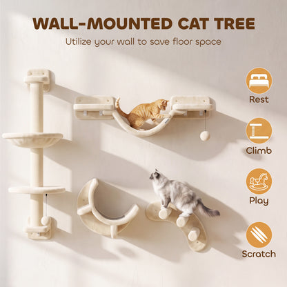PawHut 4-Piece Cat Wall Furniture Set | Hammock | Soft Ladder Platform | 3-Step Curved Ladder | Plush-Covered | Adjustable Layout | Sisal Scratch Surface | Under 5kg | Indoor | Beige