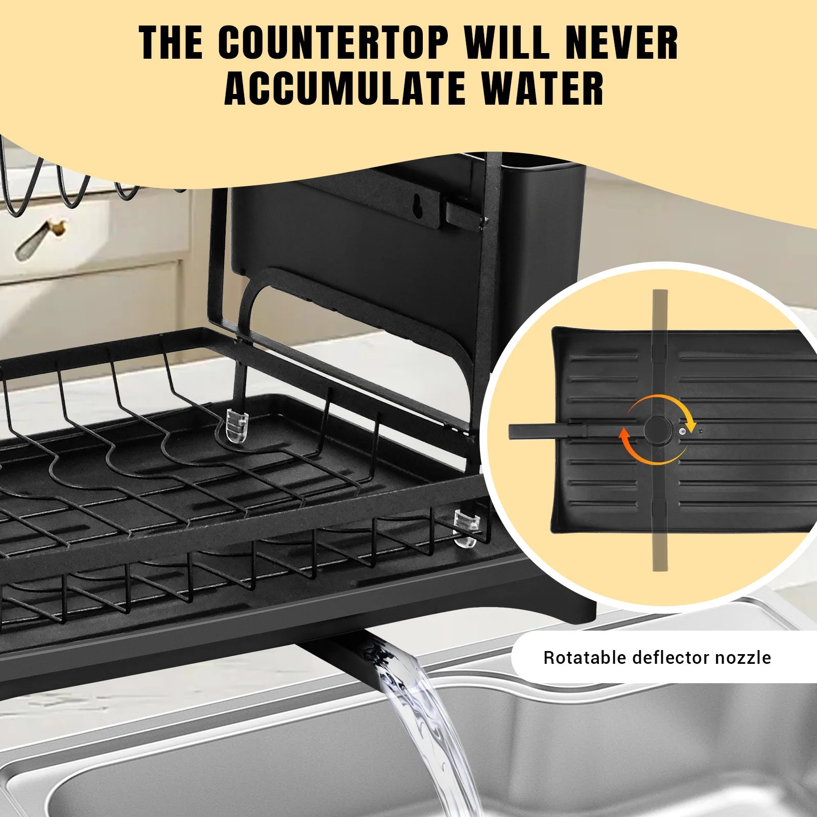 2-Tier Black Dish Drying Rack for Kitchen Countertop - Stainless Steel Dish Drainer with Drip Tray, Draining Board & Utensil