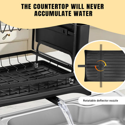 2-Tier Black Dish Drying Rack for Kitchen Countertop - Stainless Steel Dish Drainer with Drip Tray, Draining Board & Utensil