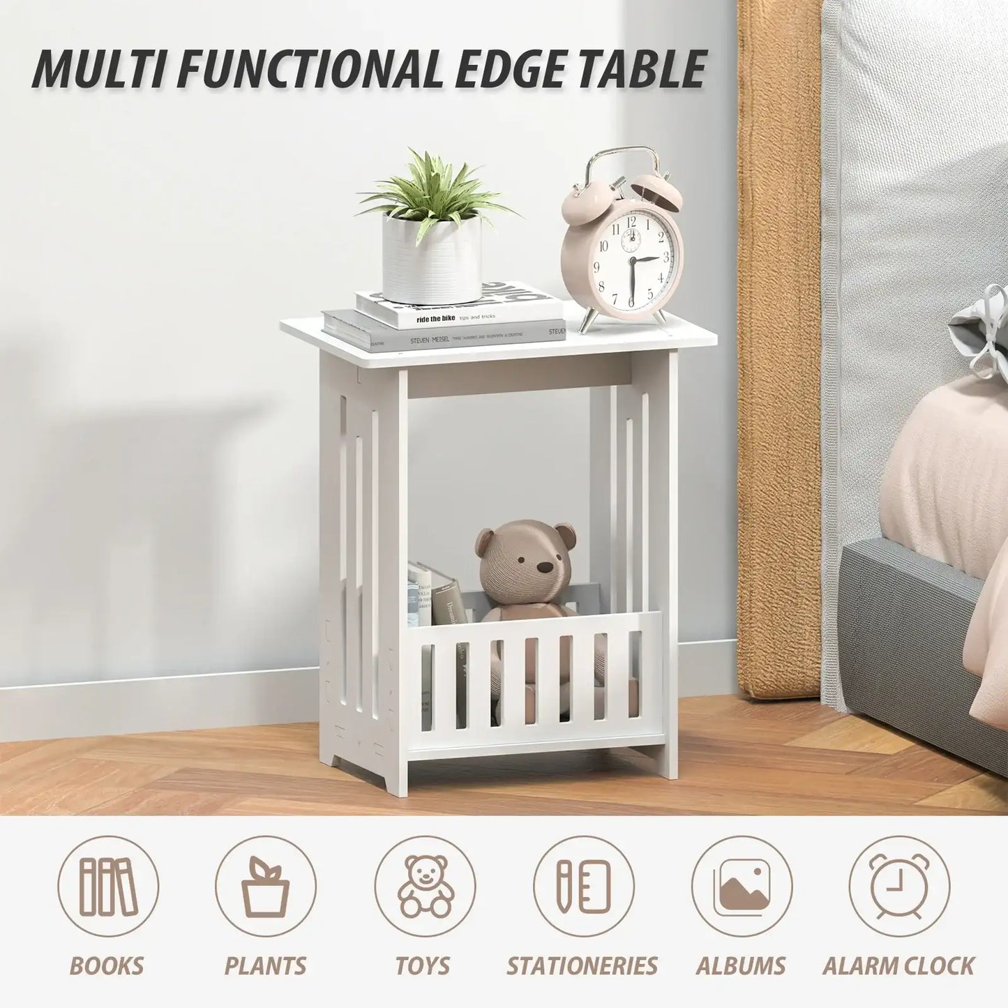 White Modern Bedside Table Cabinet Nightstand Wooden Sofa Side Table, Small Narrow Side End Table Cabinet