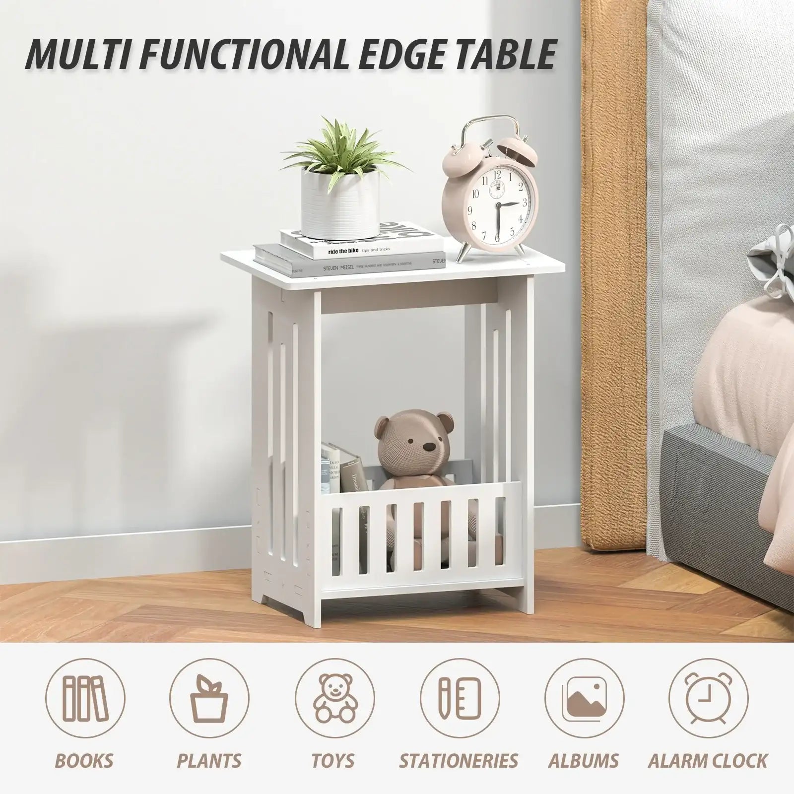 White Modern Bedside Table Cabinet Nightstand Wooden Sofa Side Table, Small Narrow Side End Table Cabinet