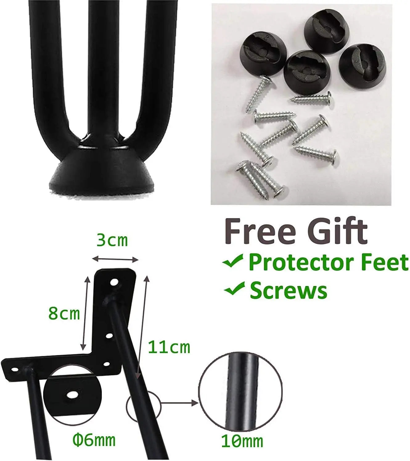 Hairpin Table Legs Set Metal Steel Legs, 3 Rod Modern Style with Feet Protector & Screw For Furniture