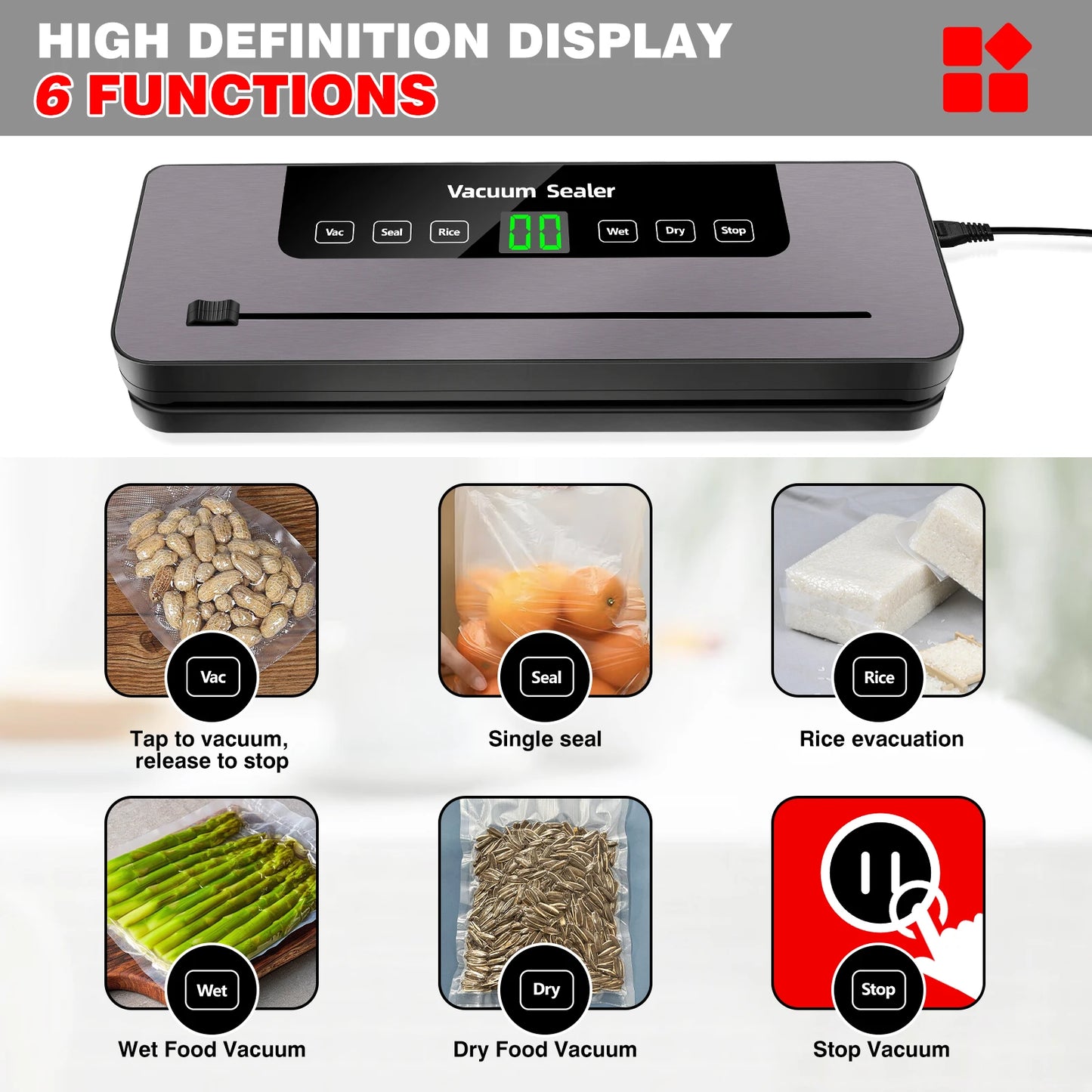 Dayplus Vacuum Sealer Machine Electric Sealing Machine Automatic Food Dry Wet Vaccum Packing Saver with 10 Free Sealing Bags