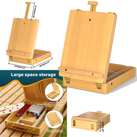 Wooden Table Easel Box with Drawer, Table Desk Top Easel, Adjustable Beechwood Storage Sketch Easels Box For Artist