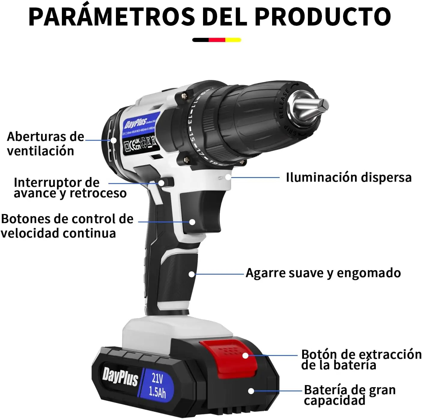 Dayplus Cordless Drill And Screwdriver Set 21V Electric Combi Drill With 2 X 1500mAh Battery