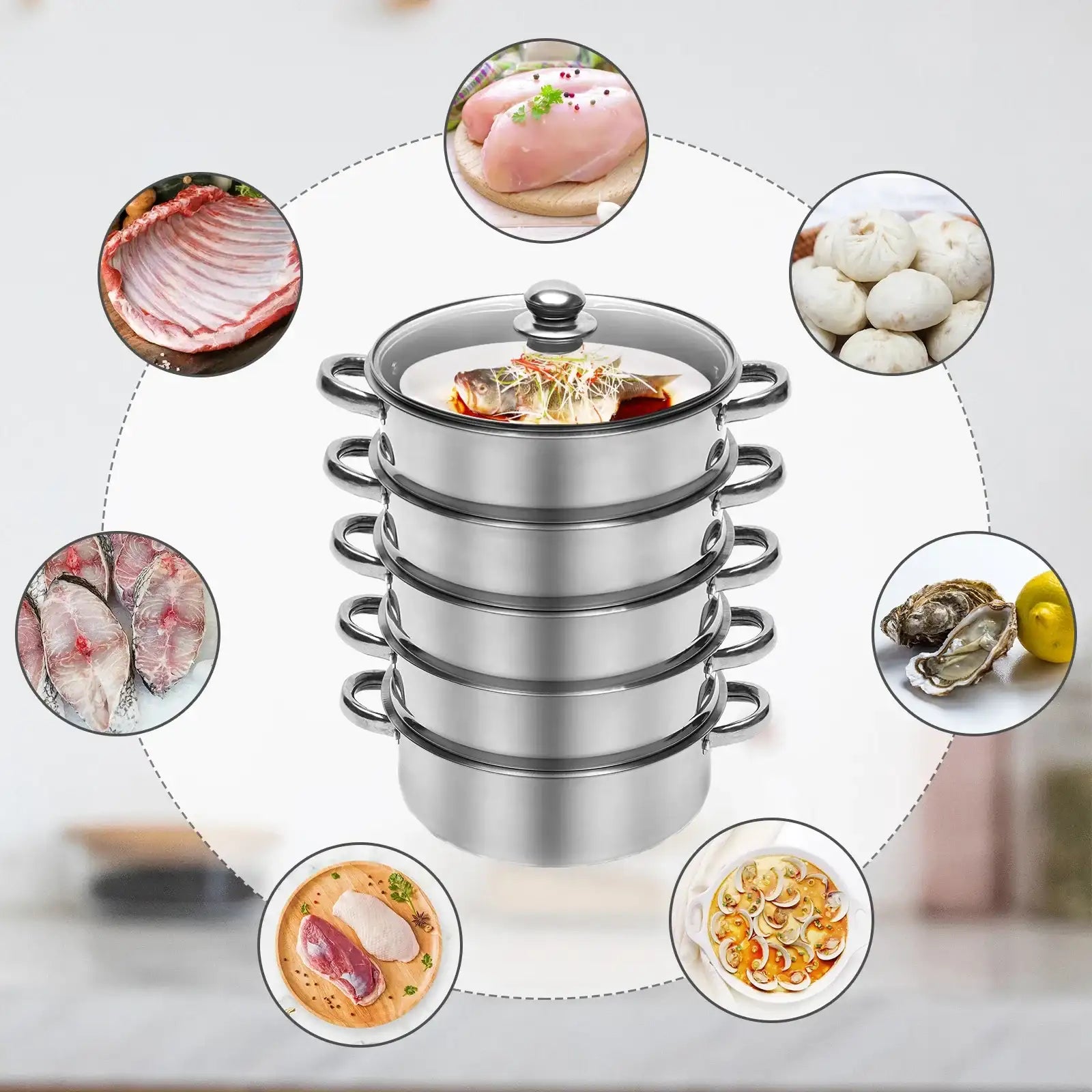 5 Tier 26 / 28 / 30Cm Steam Cooker Steamer Pan Cook Food Veg Pot Stainless Steel