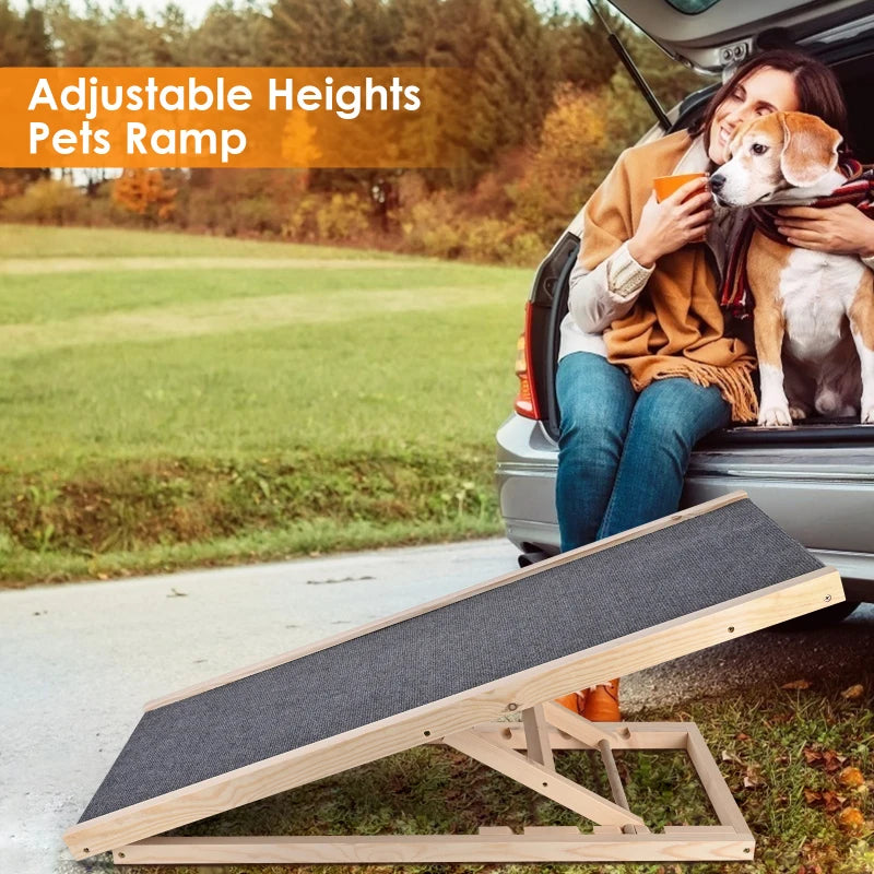 Solid Wooden Pet Ramp Car Dog Ladder - 4-Height Adjustable with Non-Slip Carpet Safety Pets Ladder - Wooden Dog Ramp Pet Puppy