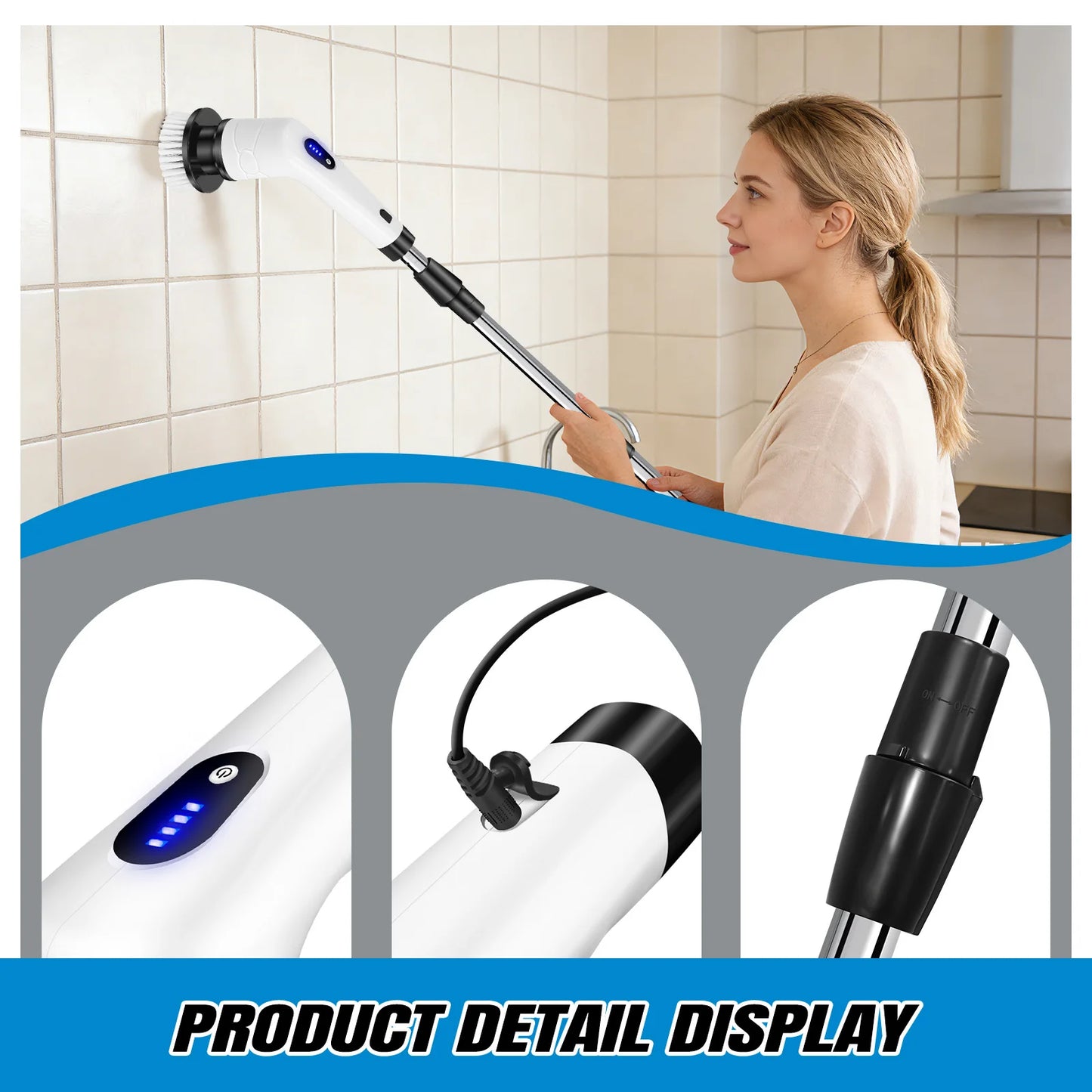 Electric Spin Scrubber, Bathroom Cordless Cleaning Brush, Long Handled & 2 Speed With 9 Replaceable Brush Heads