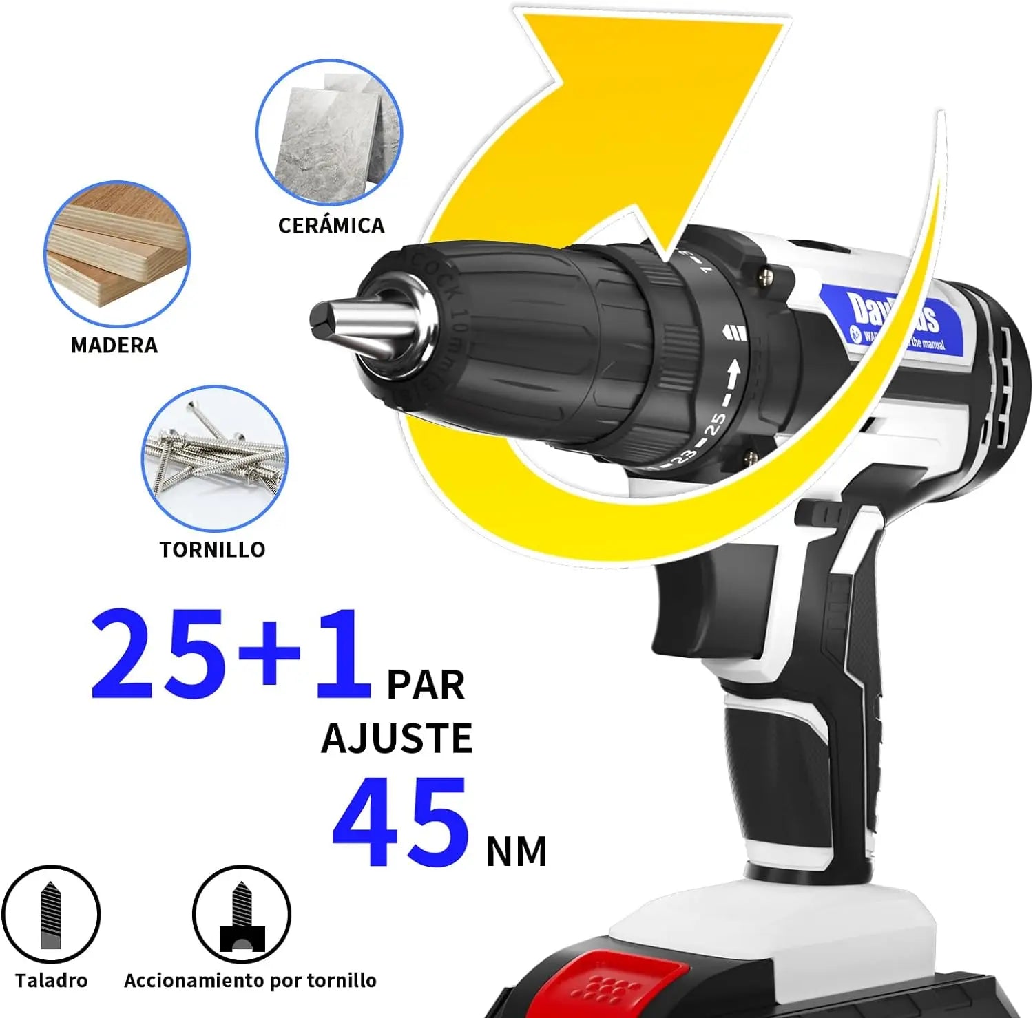 Dayplus Cordless Drill And Screwdriver Set 21V Electric Combi Drill With 2 X 1500mAh Battery
