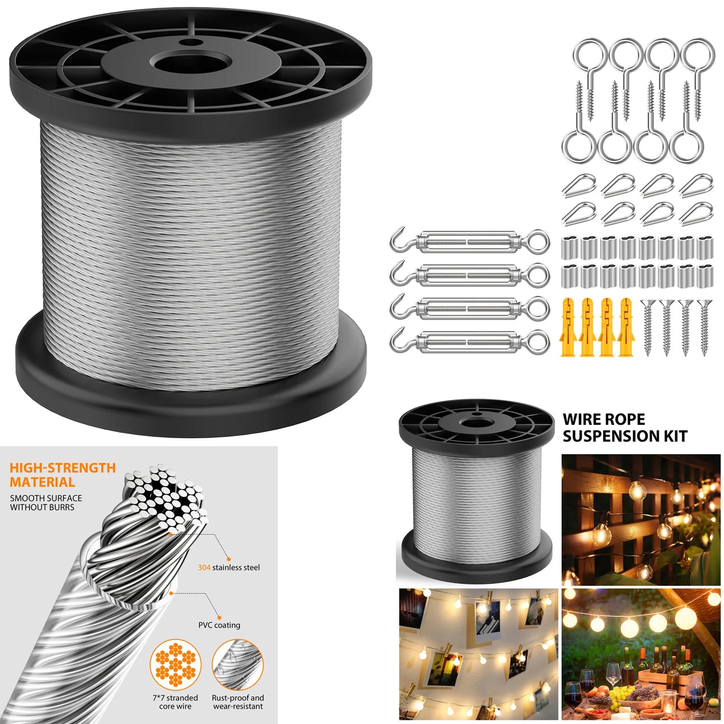 Garden Wire For Climbing Plants, Heavy Duty 304 Stainless Steel Cable Rope Kit With M5 Turnbuckle Wire Tensioner