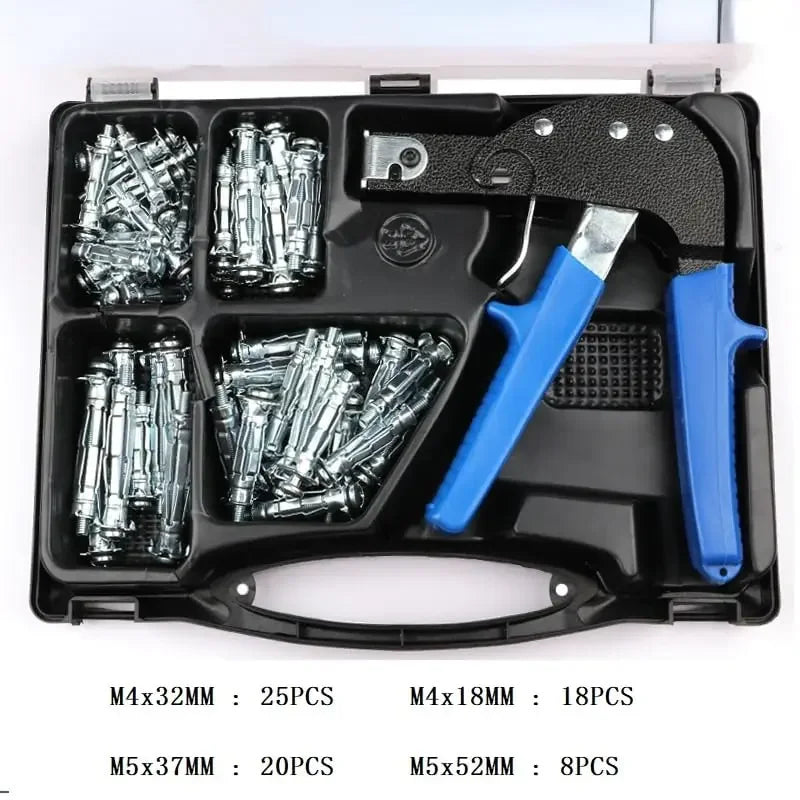 72Pcs Hand Riveter Kit Wall Anchor Screws Gun Heavy Duty Metal Tool Hollow Wall Anchors Gun Plasterboard Fixing Gun Cheville