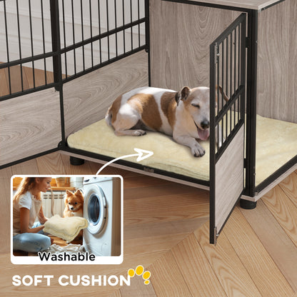 Dog Crate Furniture Side Table | 3 Doors | Washable Cushion | Steel Bar Ventilation | Dogs up to 20kg | 80 x 60 x 68cm | Walnut & Black