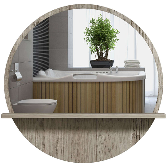 Kleankin 45cm Round Home Mirror, with Shelf - Grey Wood-Effect