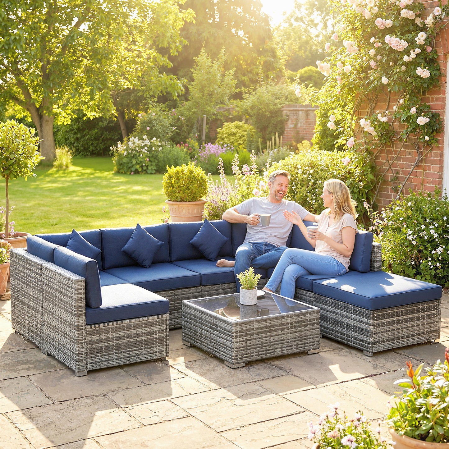8-Piece Modular PE Rattan Corner Sofa Set | 2 Corner & 4 Middle Seats | Footstool | Tempered Glass Coffee Table | Thick Cushions | 4 Coloured Pillows | Protective Cover | Adjustable Foot Pads | 120kg Per Seat | Dark Blue