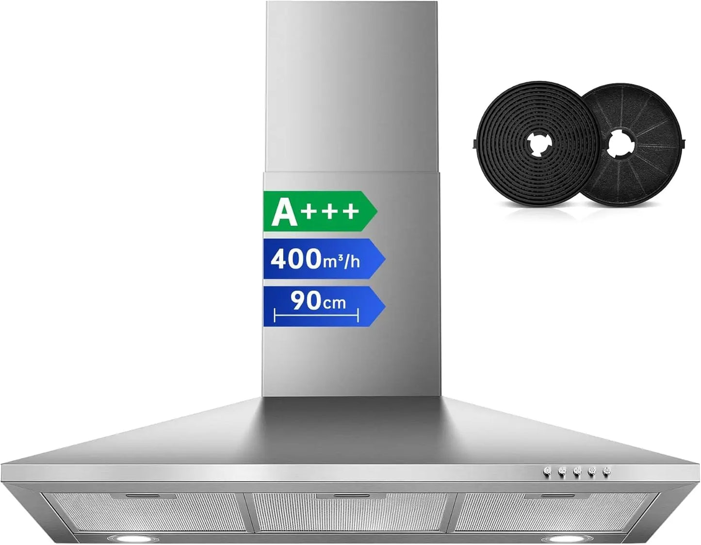 SNDOAS 90Cm Chimney Hood, 400M³/H, A+++ Energy, 3 Speed, Dual Mode (Recirculating/Ducting), Brushed Stainless Steel