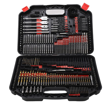 246 Piece HSS Twist Drill Bit Combination Tool Set Woodworking Hole Opener Cement Construction Flat Head