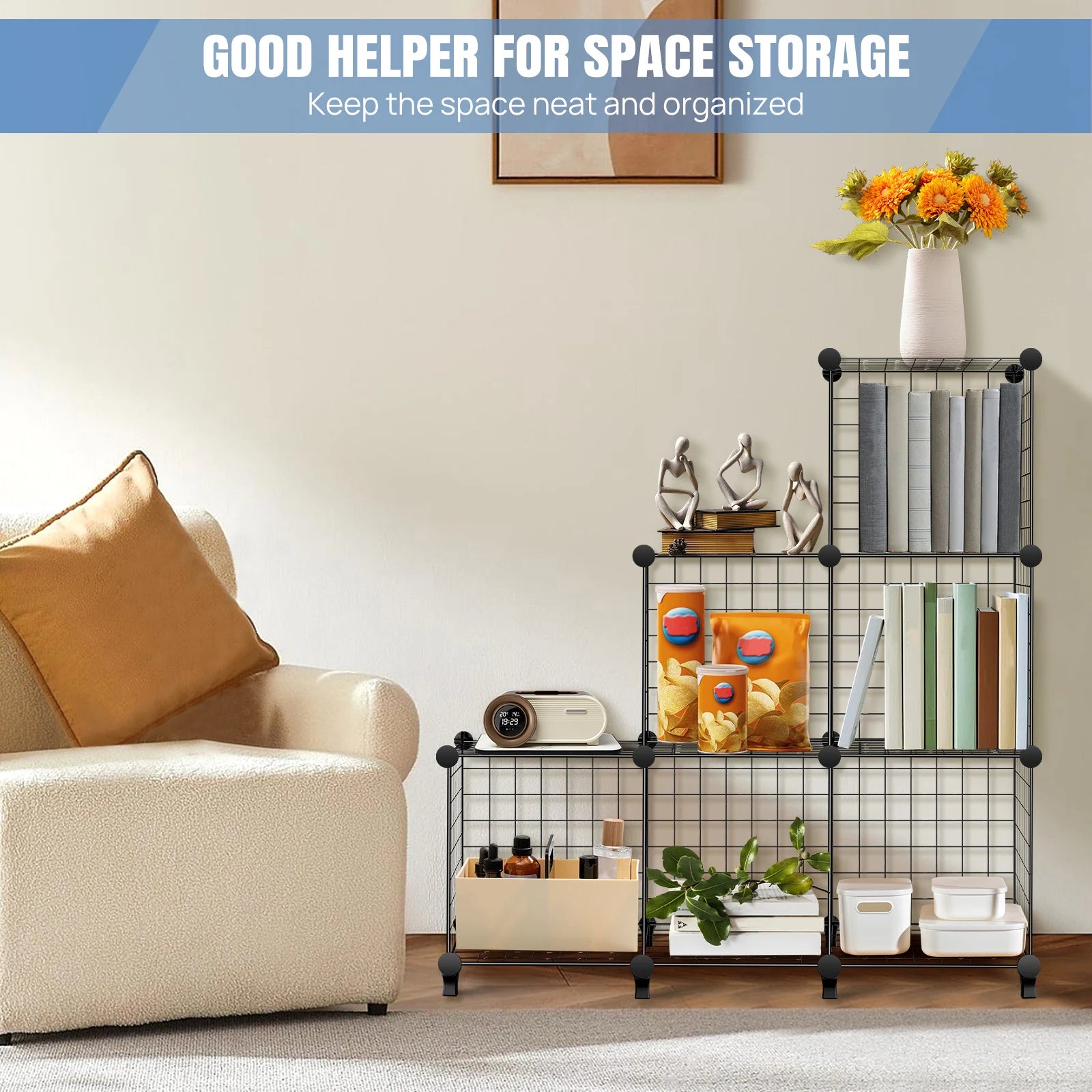 6 Cube Wire Cube Shelving Rack Bookshelf Storage Organiser Metal Grids Bookcase DIY Interlocking Shelf Unit System, Black