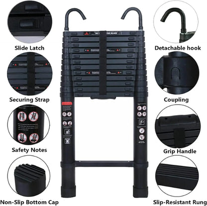 6.2M Heavy Duty Telescopic Ladder 14 Steps Aluminium Extending Roof Ladder With Hooks For Multi-Purpose Indoor Outdoor Ladder