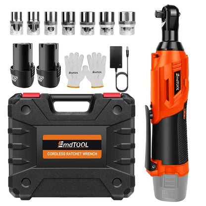 200NM 3/8" Cordless Electric Ratchet Wrench,90° Angle Wrench 12V Power Ratchet Tool with 2 Batteries & Charger+7 Sockets
