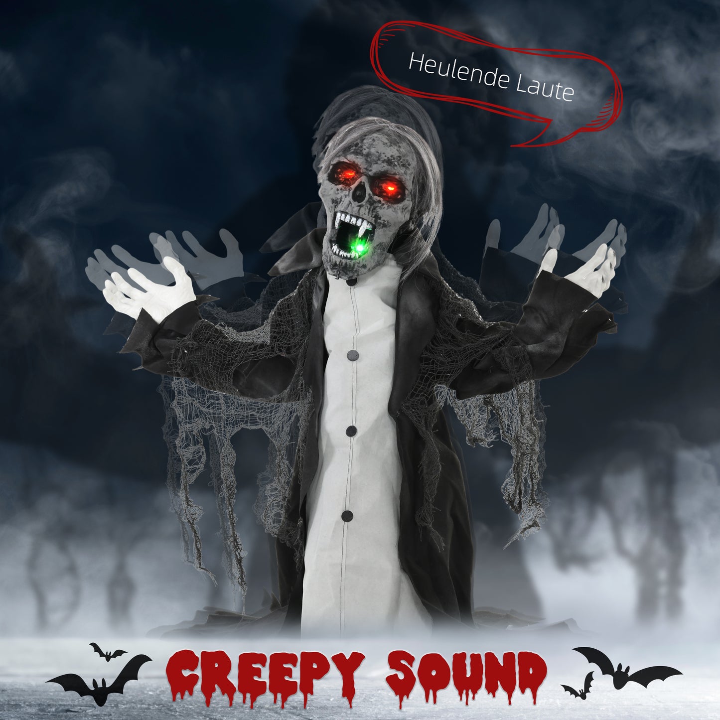 Halloween Animated Skeleton with Glowing LED Eyes and Mouth, Half-Body Halloween Decoration, Battery Operated